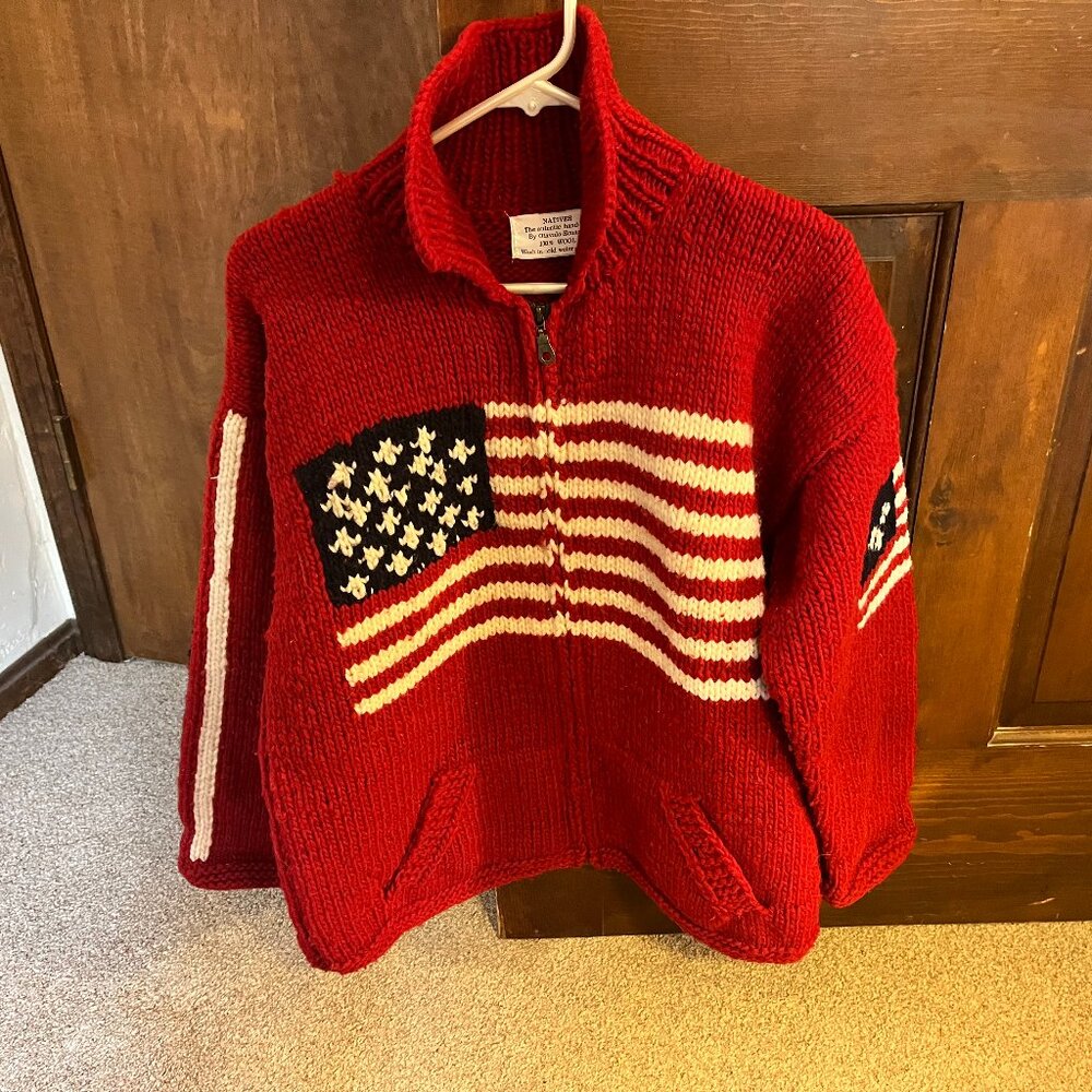 Natives Authentic Hand-Knit Zip Front Cardigan Sweater Otavalo-Ecuador 100% Wool